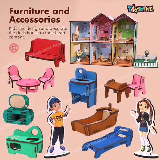 Big Size Wooden DIY Doll House for Kids with Furniture, Dolls, Side Garden and Much More! Play House Learning Toy for Girls Boys 3 4 5 6 7 Year Old Birthday Gift Dollhouse